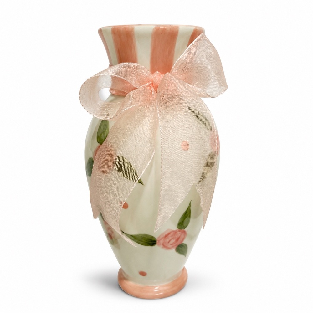 Vintage Style Pink Rose Ceramic Bud Vase with Ribbon Bow Cottagecore Decor